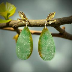 18K Gold diamond, red carved Jadeite earring