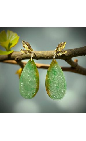 18K Gold diamond, red carved Jadeite earring