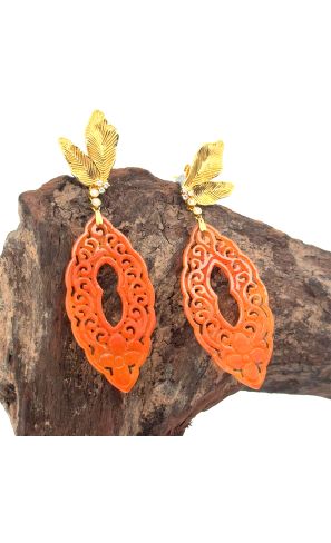 18K Gold diamond, red carved Jadeite earring