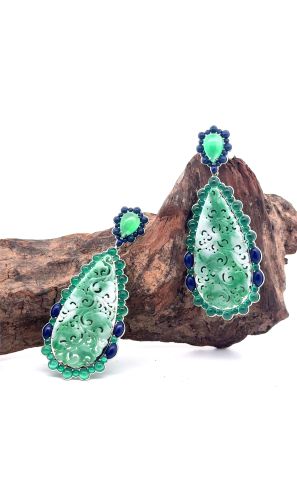 18k white gold bicolor jadeite and gem-stones dangle earring
