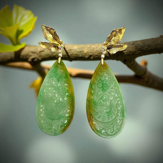 18K Gold diamond, red carved Jadeite earring
