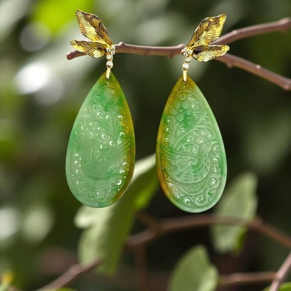 18K Gold diamond, red carved Jadeite earring, 2 image