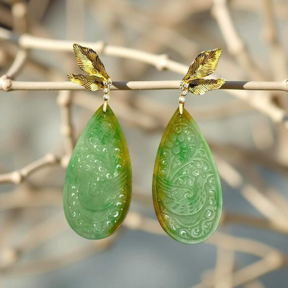 18K Gold diamond, red carved Jadeite earring, 3 image