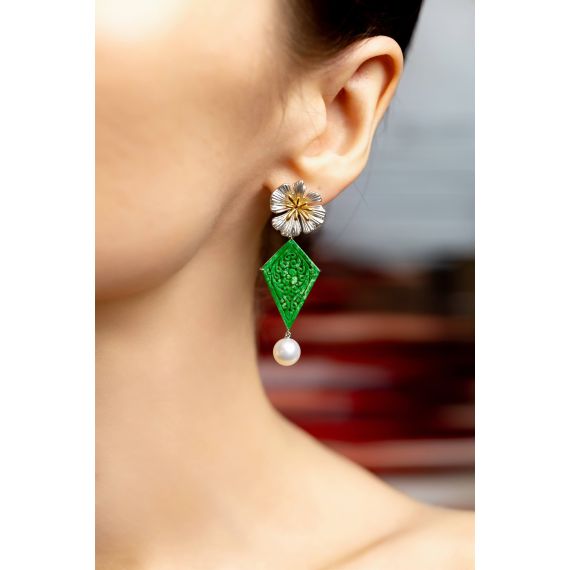 18K 金翡翠与养殖珍珠耳环, 4 image