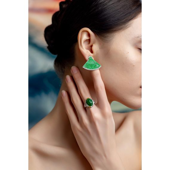 18K 白金翡翠钻石耳环, 2 image