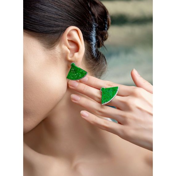 18K 白金翡翠钻石耳环, 6 image