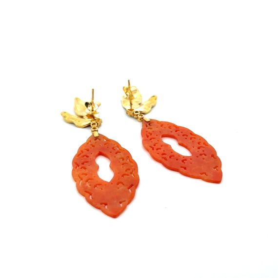 18K Gold diamond, red carved Jadeite earring, 2 image