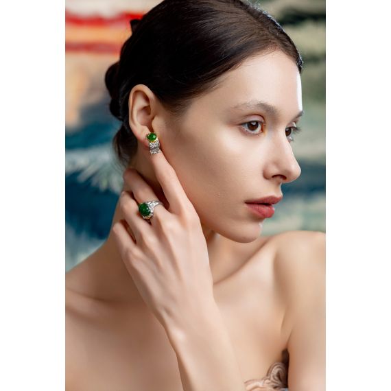 925 Sterling Silver nephrite green jade ear-hoop, 2 image