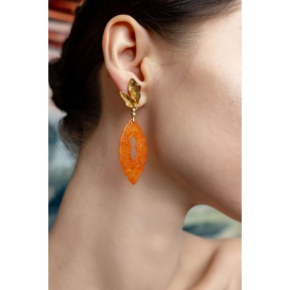 18K Gold diamond, red carved Jadeite earring, 4 image