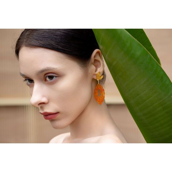 18K Gold diamond, red carved Jadeite earring, 5 image