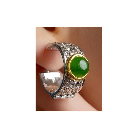 925 Sterling Silver nephrite green jade ear-hoop, 3 image