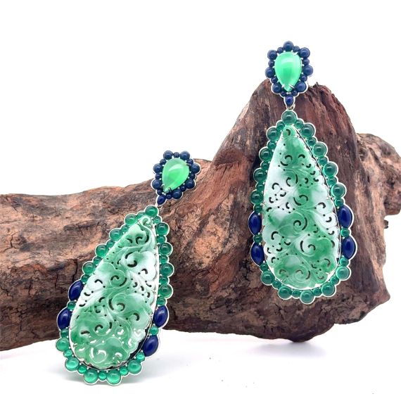 18k white gold bicolor jadeite and gem-stones dangle earring