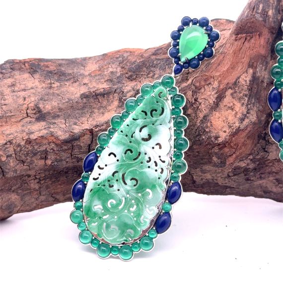 18k white gold bicolor jadeite and gem-stones dangle earring, 2 image
